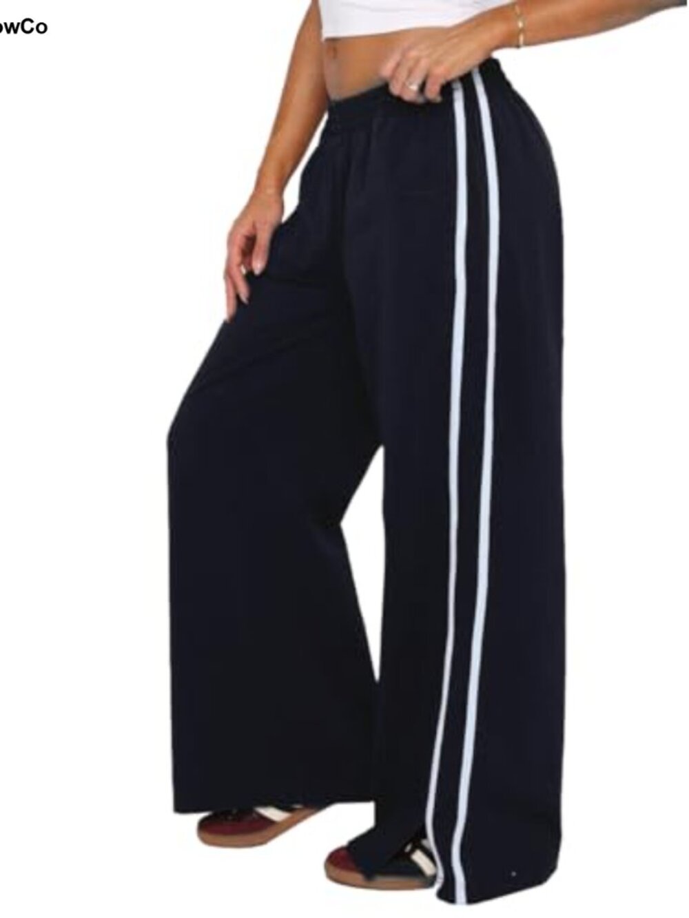 Women's Wide Leg Pants Elastic Waistband Side Pockets Striped Split Hem